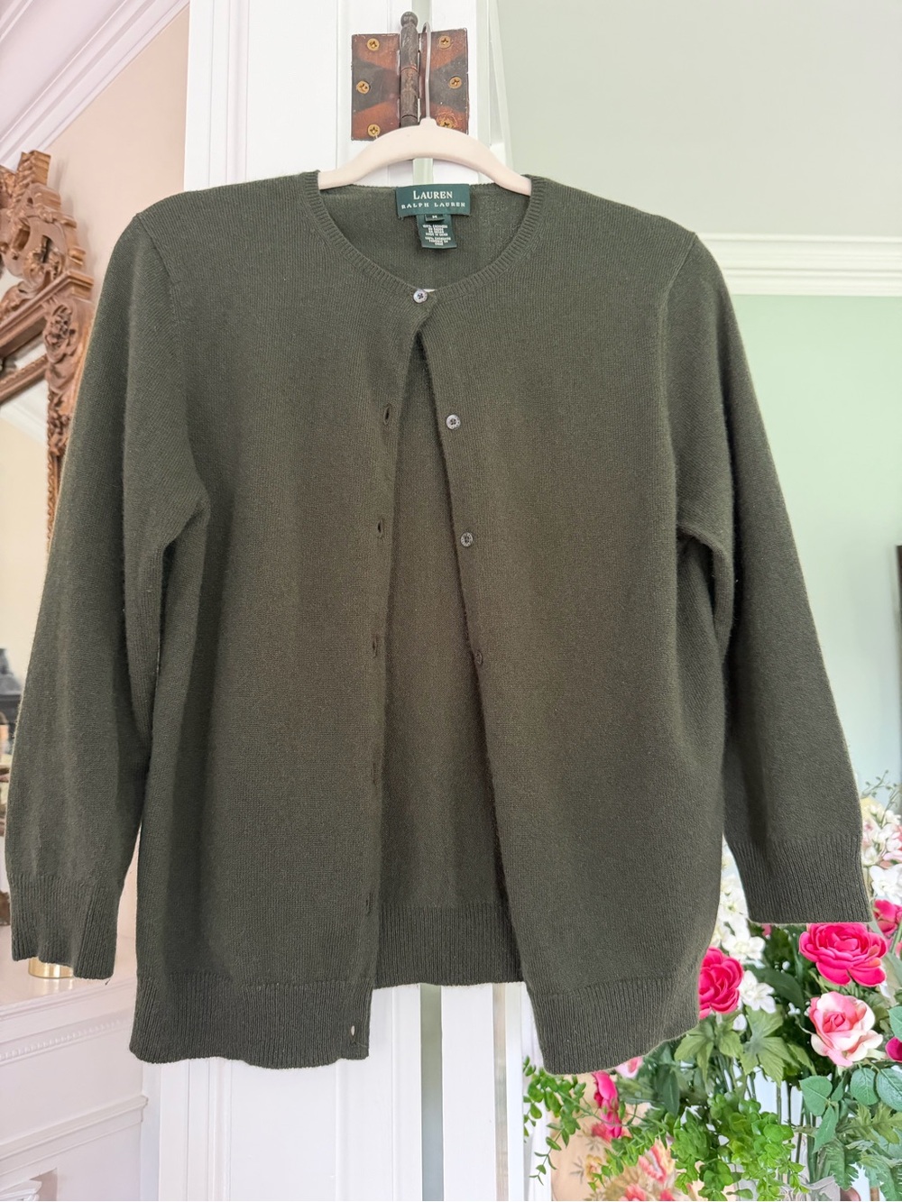 Ralph Lauren Olive Green Women's Button-Front Cardigan, 100% Cashmere, size Med